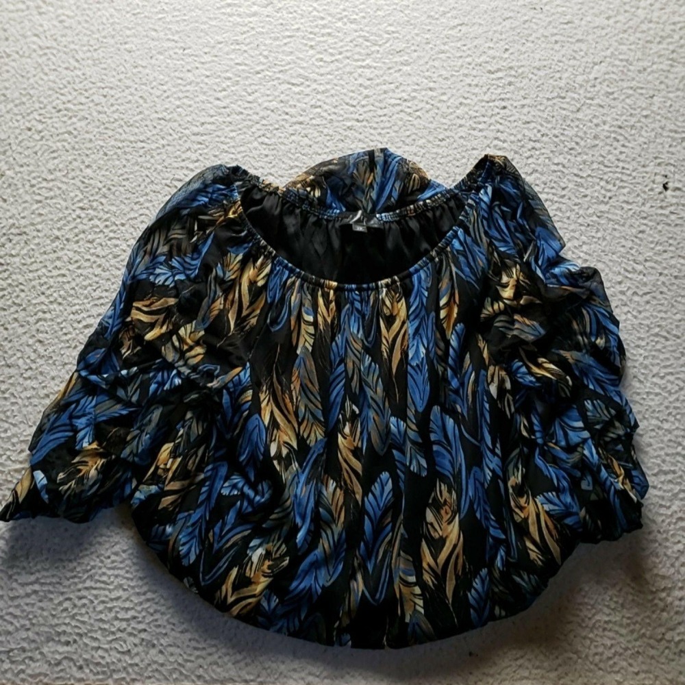 Harper 241 Blouse Womens Plus 2X Blue Scoop Neck Long Sleeve Feather Print Top